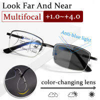 4-In-1 Photochromic แว่นตาอ่านหนังสือ Multifocucs Look และใกล้หน่วยความจำกรอบไทเทเนียมป้องกันแสงสีฟ้าเปลี่ยนสีเลนส์สีเทาแว่นตาผู้สูงอายุผู้ชายผู้ห