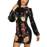 Spot parcel post2021 European and American New Cross-Border Supply AliExpress Positioning Printing Backless Long Sleeves Dress in Stock