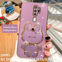 JieFie น่ารักกระต่ายเคสโทรศัพท์สำหรับ OPPO A5S / A3S / A5 2020 / A9 2020 / A7 / A31/A83โครเมี่ยมสุดหรูชุบกล่องสี่เหลี่ยมจตุรัสแต่งหน้า Tpuนิ่มชนิดใสโทรศัพท์ + ขาตั้ง