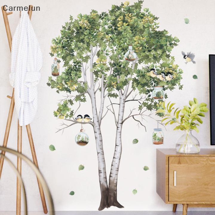 carmelun-สติ๊กเกอร์ติดผนังใบไม้สีเขียวต้นเบิร์ช-hiasan-kamar-โปสเตอร์บ้านนกตกต่งโปสเตอร์ห้องรับแขกห้องนอนผนัง-pvc