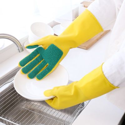 1 Pair Kitchen Helper Magic Latex Cleaning Gloves Household Clean Tool Washing Dishes Scrubbing Gloves  Rubber Fingertip Gloves Safety Gloves