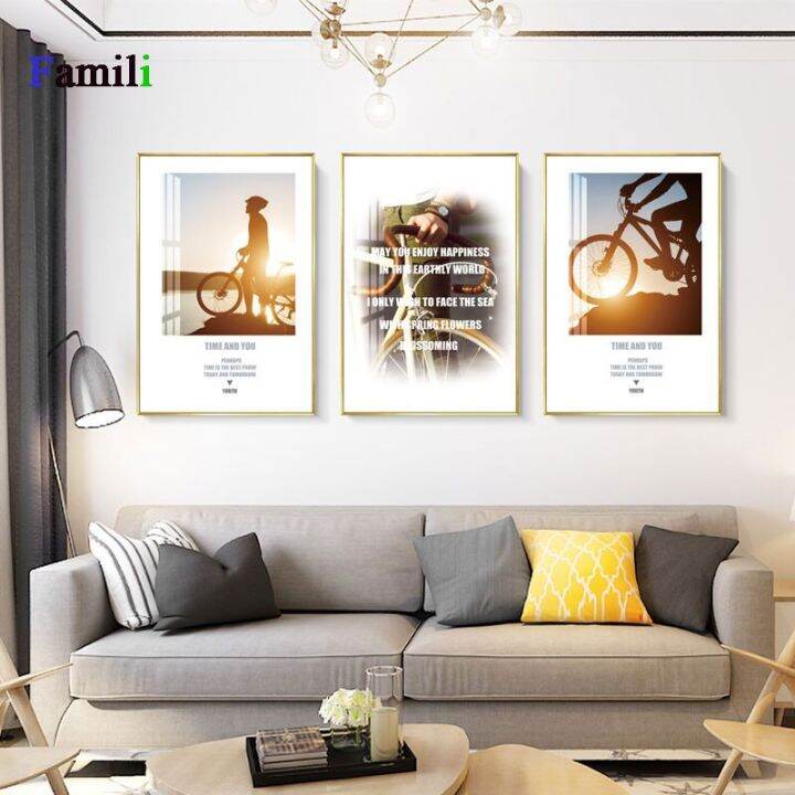 sunset-bicycle-road-wall-art-ภาพวาดผ้าใบ-nordic-landscape-โปสเตอร์สำหรับตกแต่งห้องนั่งเล่น