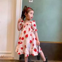 ZZOOI Girls Dresses 2022 Summer Short-sleeved Cotton Dress for Childrens Clothing Princess Kids Strawberry Print Beach Holiday Dress