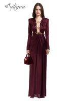 【YF】 Ailigou 2023 WomenS Sexy Burgundy Hollowed-Out Pleated Backless Long-Sleeved Metal Decoration Long Celebrity Party Club Dress