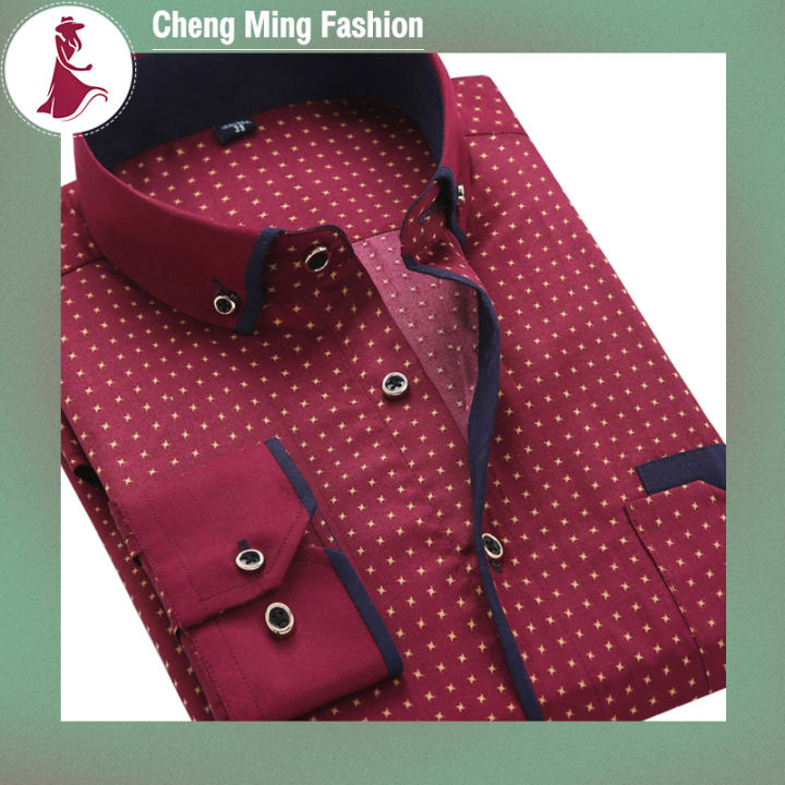 cheng-ming-เสื้อยืดแขนยาวสำหรับผู้ชาย-คาร์ดิแกนมีปกเข้ารูปพอดีเสื้อผ้าลายจุดลำลอง