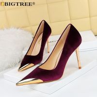 BIGTREE New Designers Original Top Quality Women Pumps Metal Decoration Pointed Toe Flock 10CM Thin Heels Sexy Party Women Shoes