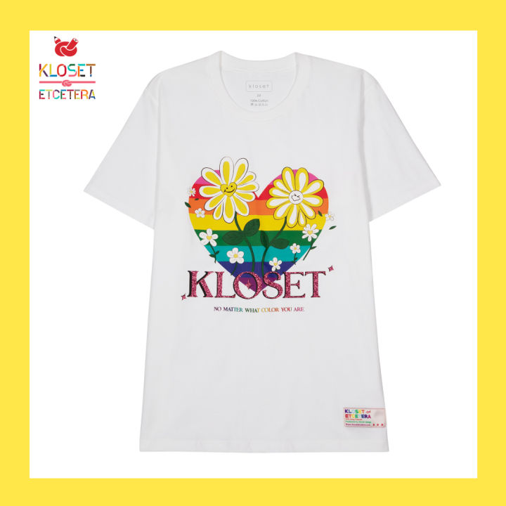 kloset-pm23-t001-pround-to-be-me-t-shirt-เสื้อยืด-เสื้อสกรีนลาย-เสื้อkloset-รูปหัวใจสีรุ้ง-เสื้อผู้หญิง-เสื้อคอกลม