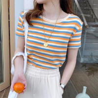 Women T Shirt Classic Striped Breathable Tops Short Sleeve Slim Fit Round Neck Casual Shirt