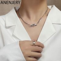 ANENJERY 925 Sterling Silver Vintage Tie Necklace For Women Handmade Love Heart Thai Silver Hip Hop Party Necklace S-N665