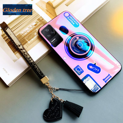 Gloden tree For Xiaomi POCO F4 Case Camera Pattern + Stand + Beautiful Tassel Hand Strap Protective Back Cover Couple Cases