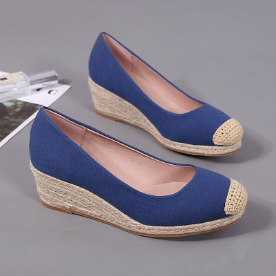Women Casual Straw Wedge Fisherman Shoes Girl New Canvas High Heels Slip-on Shoes