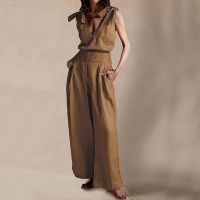 ✷℡✘ Ladies Sleeveless Solid Color Sexy V Neck Loose Wide Leg Pants Set Women 39;s Suits for Work Wedding Outfits for Women Guest