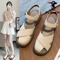 PLOVER Woodpecker Leather Roman Sandals Soft Sole Buckle Small Shoes Flat Hollow Toe Womens