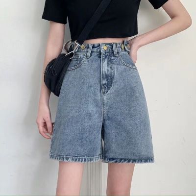 Celana Pendek Denim ห้าจุดสำหรับผู้หญิงในฤดูร้อนขนาดใหญ่เอวสูงฉบับภาษาเกาหลีกระชับสัดส่วนกางเกงขาม้าทรงเอไลน์ของผู้หญิงในแบบแฟชั่น