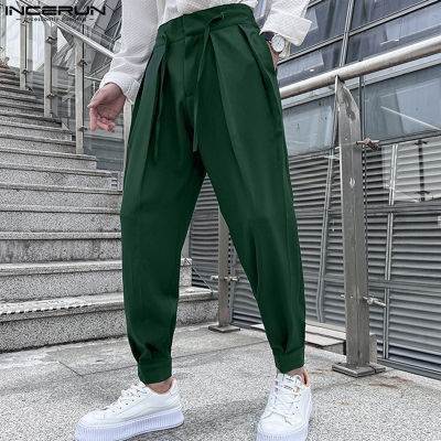 INCERUN กางเกงขายาวมีเชือกรูดสำหรับผู้ชายกางเกงชิโนเข้ารูปแบบปกติการเกงขายาวแบบลำลองทางการ (สไตล์เกาหลี)