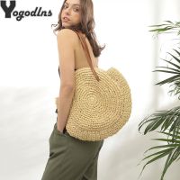 Round Straw Beach Bag Vintage Handmade Woven Shoulder Bag Raffia circle Rattan bags Bohemian Summer Vacation Casual Bags