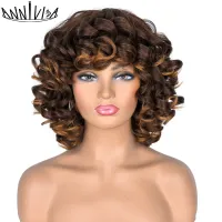 Short Hair Afro Curly Wig With Bangs For Black Women Synthetic Ombre Glueless Cosplay Wigs High Temperature Annivia Wig  Hair Extensions Pads