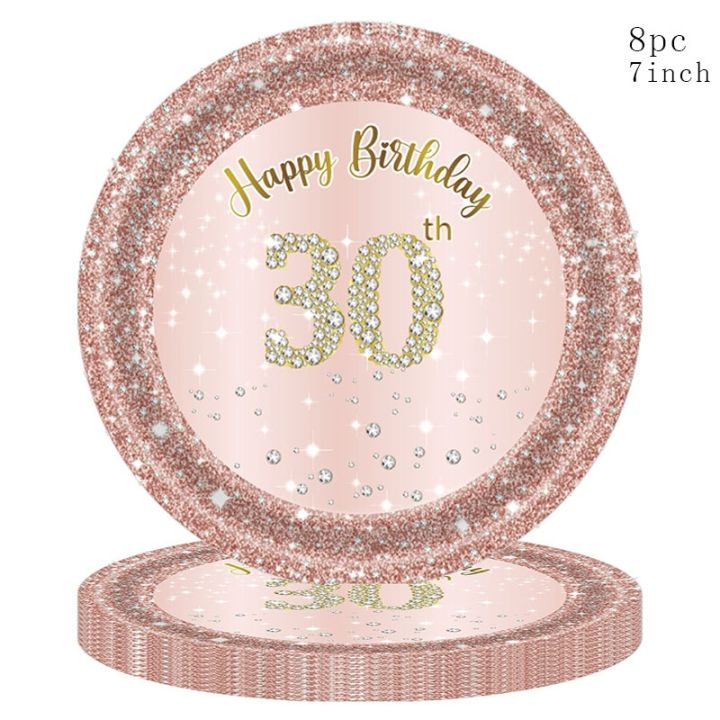 8guests-rose-gold-30-year-old-disposable-tableware-set-30-years-tablecover-paper-plates-happy-30-women-30th-birthday-party-decor