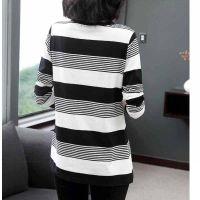 Women Stripe t shirt Plus Size Loose Casual Long Sleeve Round Neck Wild Fashion Korean version Tops