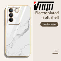 VRQR สายคล้องซิลิโคนหินอ่อนสำหรับ Vivo V27 V27 Pro V27E เคสโทรศัพท์6DStraight ชุบขอบหินอ่อนนุ่มหรูหราคุณภาพสูงดีไซน์ใหม่ป้องกันใหม่