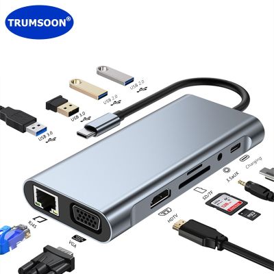 Trumsoon USB C ฮับ RJ45 Ethernet HDTV VGA ประเภท C USB 3.0 2.0การ์ดความจำแท่นเครื่องอ่านการ์ดสำหรับ Macbook Ipad Samsung S20 PS5สวิตช์ Dex