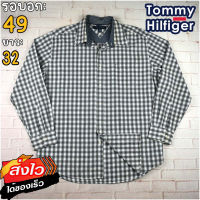 Tommy Hilfiger®แท้ อก 49 เสื้อเชิ้ตผู้ชาย ทอมมี่ ฮิลฟิกเกอร์ สีกรม เสื้อแขนยาว เนื้อผ้าดี