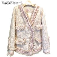 ○✲❀ gsgw Jaquetas de Tweed franja borla para mulheres casacos curtos gola v outerwear senhora do escritório elegantes botões pérola outono e inverno