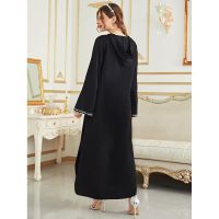 ；【‘；- Arabia 2022 Women Black V Neck Dubai Muslim Hooded Middle Eastern Robe Dress Long Casual Clothes Embroidery Forked Skirt