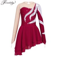 Kids Girls Figure Skating Dance Dress Sheer Mesh Long Sleeve Shiny Sequins Leotard Tutu Ballet Rhythmic Gymnastics Dancewear