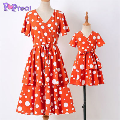 PopRealMom And Daughter Skirt Parent-Child Outfit Fashion V-Neck Mini Mother Dress Wave Point Belt Family Matching Outfits