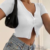 COD DSFERTRETRE LAA8-Women Summer Bodycon Short Sleeve Solid Crop Tops Deep V-Neck Button Skinny T-shirt