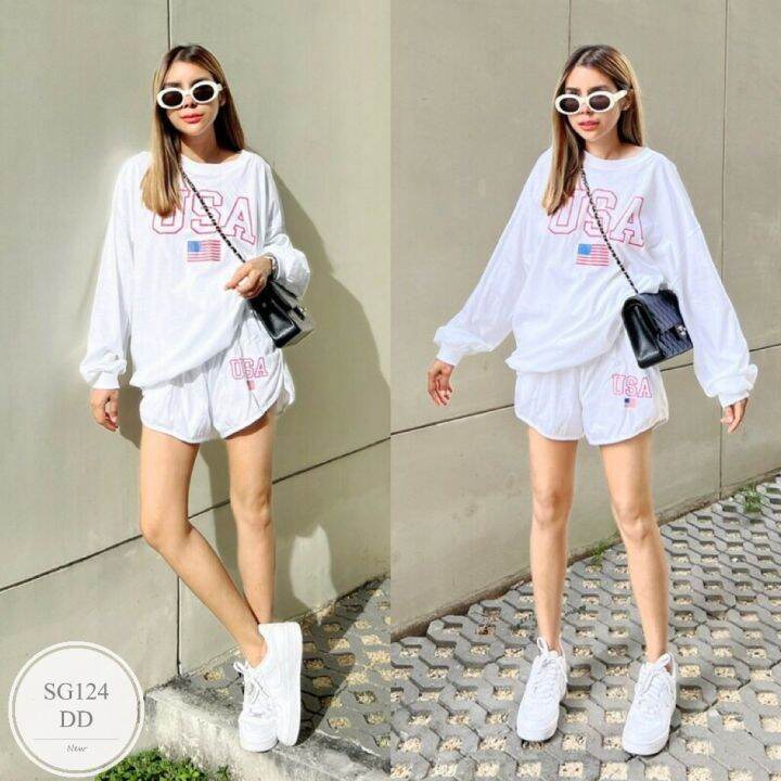 ml124-usa-sweater-short-set-เซทเสื้อสเวตเตอร์-ใส่ซกแขนและชายเสื้อ-มาพร้อมกางเกงขาสั้นทรงบาร์บี้-สกรีน-usa-ทั่งตัวเสื้อและขากางเกง-ดีไซน์สวย-เนื้อผ้าดี-ใส่สบาย-กางเกงมีกระเป๋าล้วงข้าง-สามารถใส่ไปเที่ยว