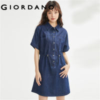 GIORDANO Women Dresses Drawstring Waist Double Pockets Denim Dresses Button Placket Short Sleeve Fashion Casual Dresses 18463715