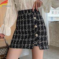 {Summer skirt} ROK Mini ผ้าขนสัตว์เอวสูงหนาวสำหรับผู้หญิง2020ใหม่มีกระดุมกระโปรงลายตารางสีกากีและสีดำสวมใส่สบาย