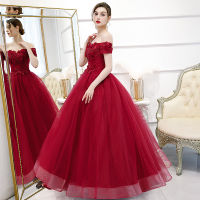 ชุด Rose Red Dress off Shoulder Dress Bride Veil Wedding Dress Student Art Exam Stage Solo Studio Photography Annual Party Evening Dress Host Red, Long Performance Costume H889 ชุด แต่งงาน