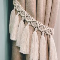 Macrame สายรัดผ้าม่านมีพู่ที่หลังเสื้อคลุมคอตตอนทอด้วยมือ Aksesoris Gorden ที่แขวนผนังรูปลอกโบโฮ