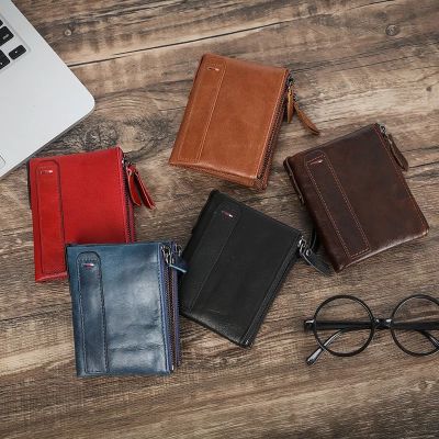 RFID Protected Classical Genuine Leather Men Wallet Card Holders Wallets Double Zippers Coin Wallet Men Leather Short Purse