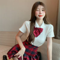 Korean Style Womens Sweet College Style Suit Polo Collar Short Top High Waist Plaid Pleated Skirt