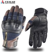 【CW】Vemar Goat Leather Motorcycle Gloves Retro Denim Moto Street Racing Riding Gloves Perforated