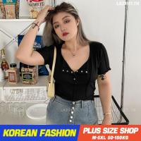 Plus size เสื้อผ้าสาวอวบ❤ เสื้อยืดสาวอวบอ้วน ไซส์ใหญ่ ผู้หญิง เสื้อยืดครอป ทรงหลวม แขนสั้น คอวี สีดำ ฤดูร้อน สไตล์เกาหลีแฟชั่น V728