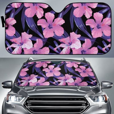 【CW】 Hibiscus FloralHawaiian FlowerLeaves Pattern Print AutoShade Car Windshield Window Cover Sunshade