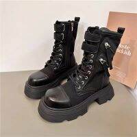 Caohuatang3Thick ส้น Boots Denim 2023สำหรับผู้หญิง,นิ้วเท้าทรงกลมแนวสตรีทระเบิด Sepatu BOOT Pendek มีซิปด้านข้างสไตล์เกาหลีมาร์ติน Bootscaohuatang3