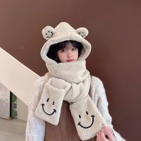 [COD] Hat Scarf Gloves Three-piece Set Female Cartoon Smile Ears Thickened To Keep Warm