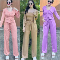 [สินค้าพร้อมส่ง] ชุดเซต3 ชิ้นผ้าร่อง เสื้อคลุม+สายเดี่ยว+กางเกง A1341