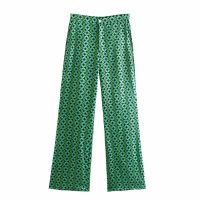 Fashion Green Print Women Pants Wide Leg Loose Casual Trousers High Waist Button Up Elegant Office Lady Casual Chic Streetwear