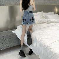 กางเกงขาสั้น Summer high-waisted wide-leg cross flower denim shorts womens outerwear plus size hot pants