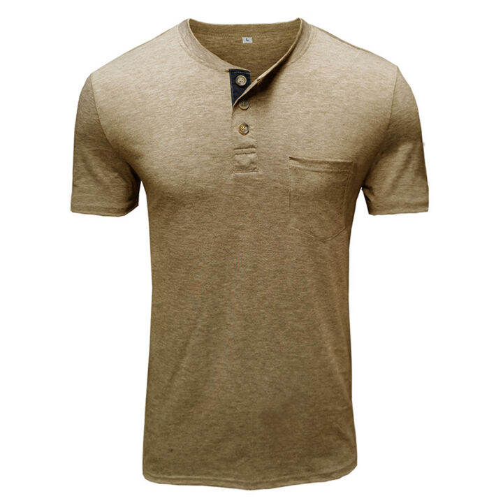 O-neck Buttons Neckline Men T-shirt Short Sleeve Thin Elastic Summer ...