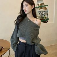 ♚ Criss-Cross Pullover Sweaters 2023 Hot Short Shoulder Jumpers Female Korean Raglan Sleeve Knitted Top