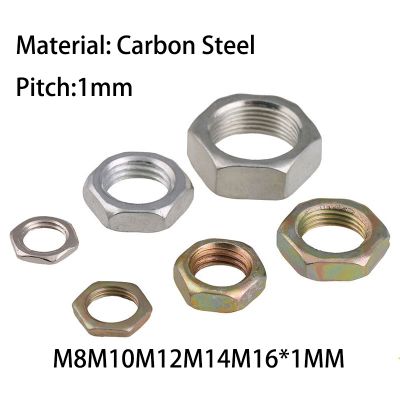 10pcs/lot Carbon steel color zinc nut pitch 1mm fine teeth hex nut thin flat screw cap M8 M10 M12 M14 M16x1mm