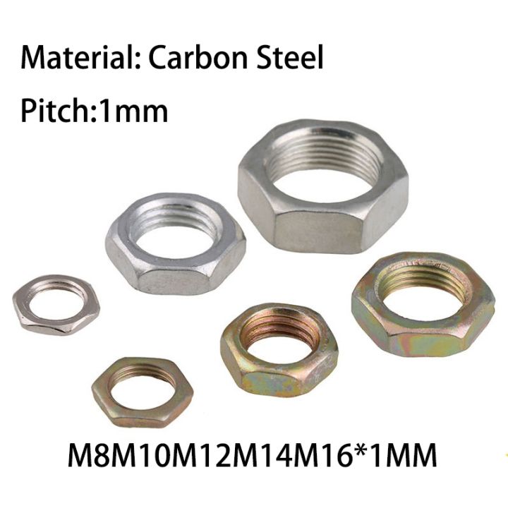 10pcs-lot-carbon-steel-color-zinc-nut-pitch-1mm-fine-teeth-hex-nut-thin-flat-screw-cap-m8-m10-m12-m14-m16x1mm